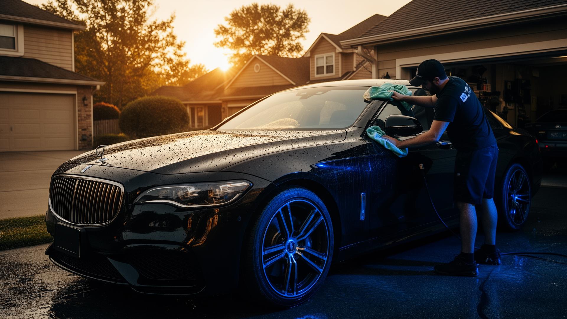 Mobile detailer cleaning luxury car at sunset